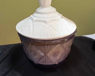 Vintage Purple Glass Candy Dish with White Lid Jeannette Iris Herringbone Pattern