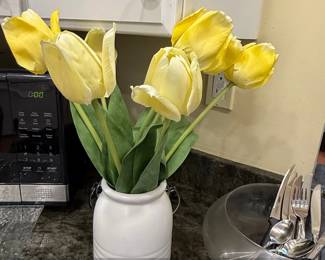 Artificial Yellow Tulip Bouquet in White Ribbed Ceramic Vase