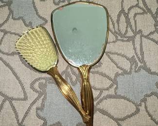 Vintage Gold Tone Vanity Mirror and Hairbrush Set with Floral Embossed Handles second image