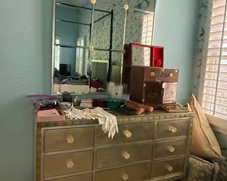 Hollywood Regency NineDrawer Mirrored Dresser and Wall Mirror Set
