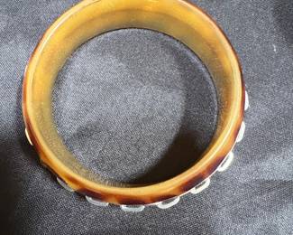 Vintage Bakelite Butterscotch Bangle Bracelet with SilverTone Inlay