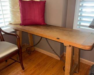 Rustic Farmhouse Pine Trestle Table with Iron Scroll Support third image