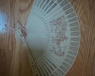 Vintage Carved Sandalwood Fan with Figural Scene and Tassel