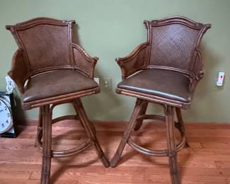 Set of Tommy Bahama Style Rattan Swivel Bar Stools with Upholstered Seat