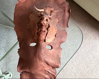 Handmade Leather Mask with Horned Figure and Inscription
