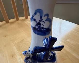Blue Delft Hand Painted Holland Vase with Windmill and Dutch Figure
