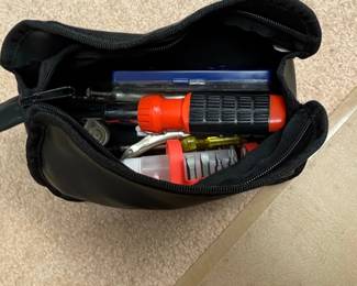 Black Zippered Tool Pouch with Assorted Tools and Screwdriver Set
