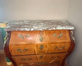 Louis XV Style Marquetry Bombe Commode with Marble Top