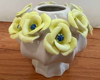 Vintage Ceramic Vase with Applied Yellow Roses and Blue Centers