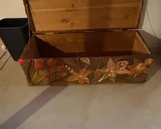 Vintage Hand Carved Wood Chest with Floral Motif
