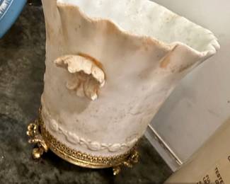 Vintage Porcelain Cachepot with Ornate Metal Base