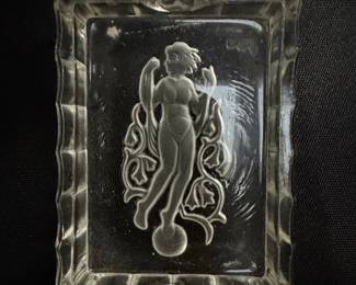 Bohemian Czech Curt Schlevogt Art Deco Cut Glass Nude Lady Ashtray
