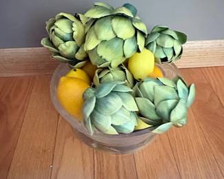 Artificial Artichoke and Lemon Arrangement in Clear Glass Bowl