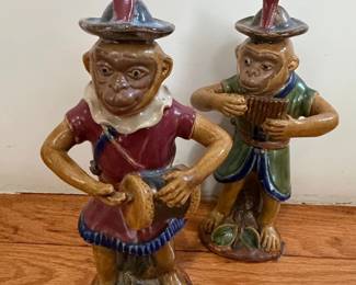 Pair of Vintage Chinese Shiwan Pottery Monkey Musicians Figurines