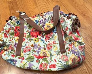 Anthropologie Embroidered Floral Tote Bag with Leather Straps