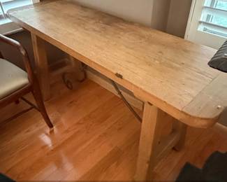 Rustic Farmhouse Pine Trestle Table with Iron Scroll Support