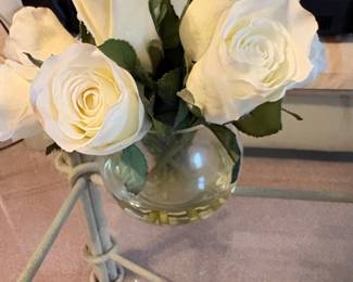 Artificial White Roses in Round Glass Vase