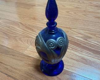 Vintage Cobalt Blue Glass Perfume Bottle with Silver Tone Overlay