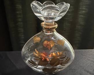Vintage Glass Perfume Bottle with Love Birds and Hearts, Gold Accents