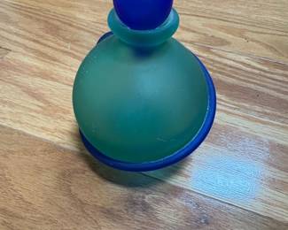 Frosted Green to Teal Glass Perfume Bottle with Cobalt Blue Stopper