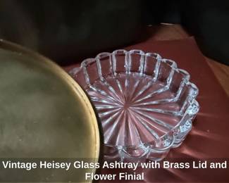 Vintage Heisey Glass Ashtray with Brass Lid and Flower Finial second image