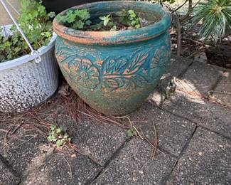 Teal Glazed Terracotta Planter Pot with Embossed Floral Design
