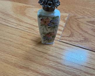 HandPainted Floral Ceramic Perfume Bottle with Ornate Metal Cap