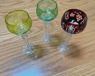 Set of Bohemian Cut Crystal Wine Glasses with Colored Overlay