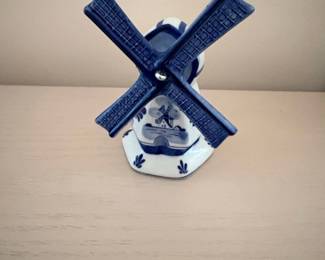 Delft Blue Ceramic Windmill Figurine with Spinning Blades