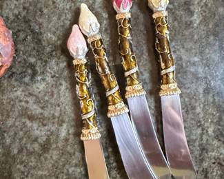 Set of Decorative Butter Knives with Floral Bud Handles and Gold Filigree