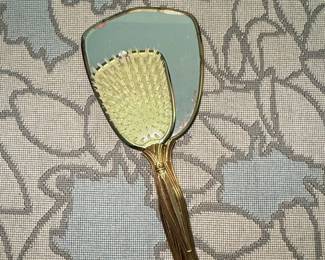 Vintage Gold Tone Vanity Mirror and Hairbrush Set with Floral Embossed Handles