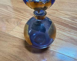 Vintage Blue Glass Perfume Bottle with Gold Overlay and Floral Stopper