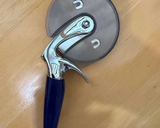 Modern Blue Handle Pizza Cutter with Protective Shield
