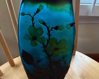 Art Nouveau Blue Floral Glass Vase