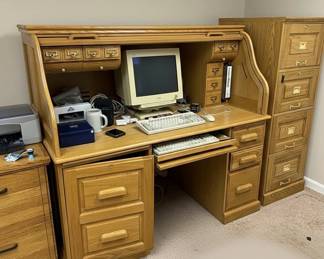 Oak RollTop Desk with Matching File Cabinet and Pedestal