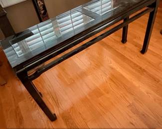 Asian Style Black Lacquer Console Table with Glass Top
