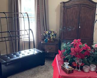 Iron sleigh bed with rails, nightstands and armoir