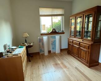 Hutch, filing cabinet, maps, office supplies