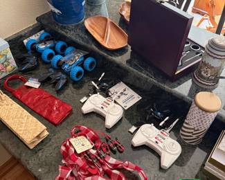 Drones, remote control cars, bar ware, etc