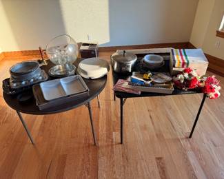 Pans, punch bowl, warming tray, etc