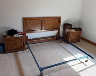 Bed side tables, bed frame, headboard, party masks and wigs
