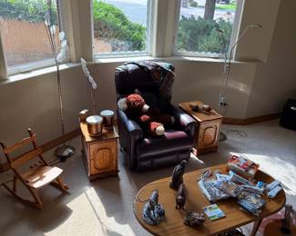 Coffee table, side tables, recliner, lamps, etc
