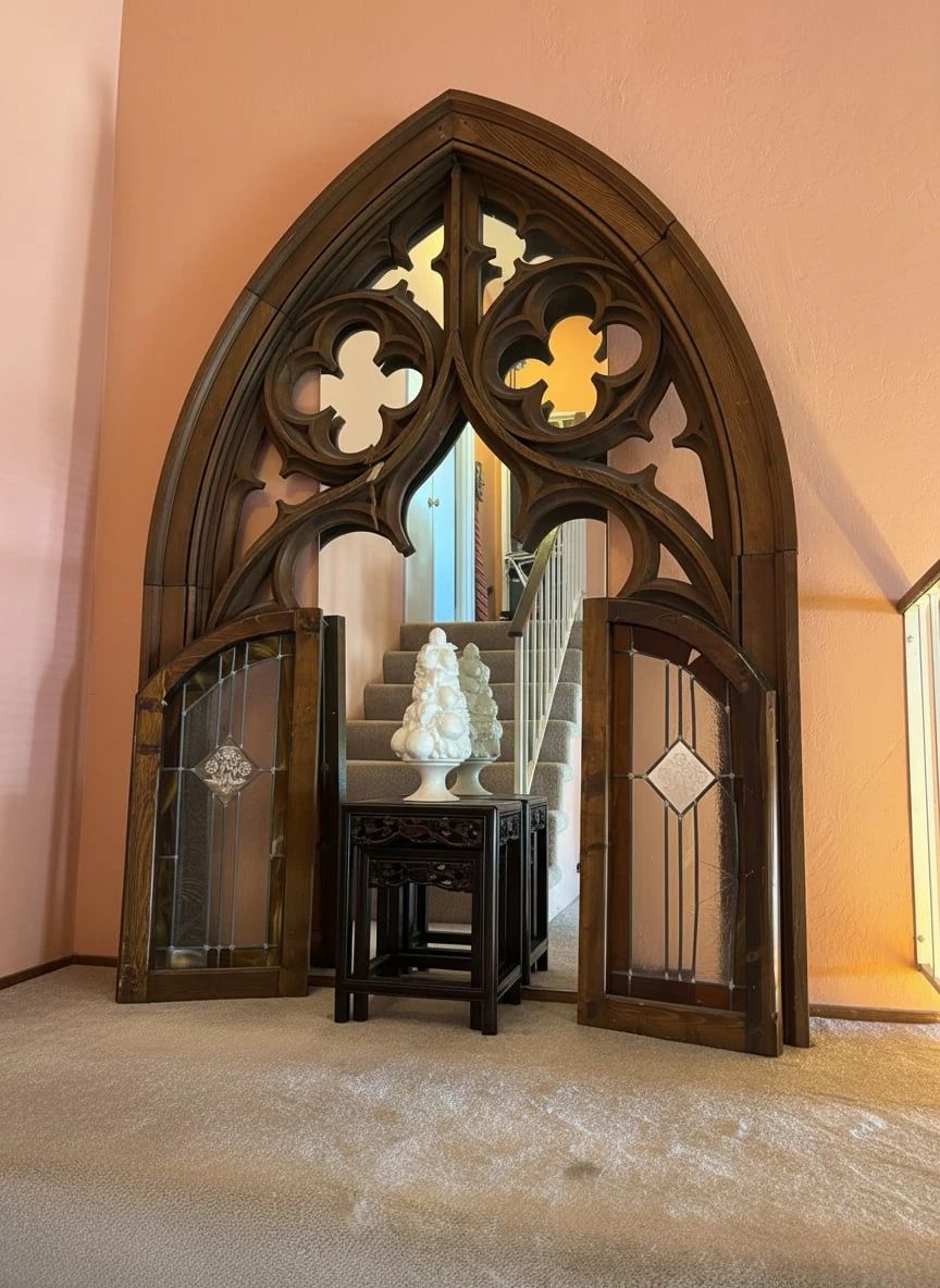 Gothic Revival Architectural Archway with Stained Glass Doors second image