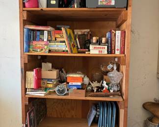 Wooden Bookshelf with Assorted Contents