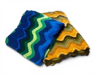Two Handmade Blue Green Crochet Afghan Blankets