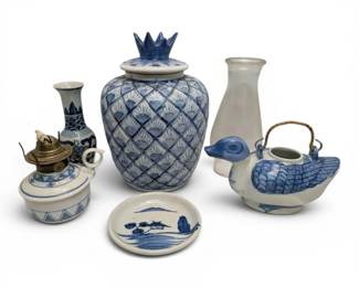White Blue Ceramic Vases, Oil Lamp, More