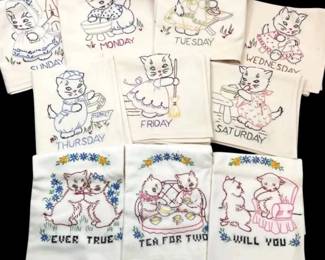Vintage Embroidered Days of the Week Cat Tea Towels