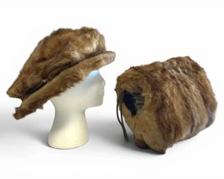 Vintage Brown Fox Fur Hat Hand Muff Set