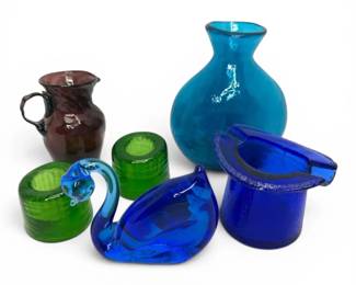 Cobalt Blue Top Hat Ashtray, Pilgrim Art Glass Swan, Emerald Green Candleholders, More