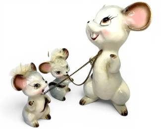 Kitschy Anthropomorphic Mouse Babies on Chains Ceramic Figurines
